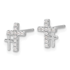 QE17681 Sterling Silver Rhodium-plated Polished CZ Double Cross Post Earrings