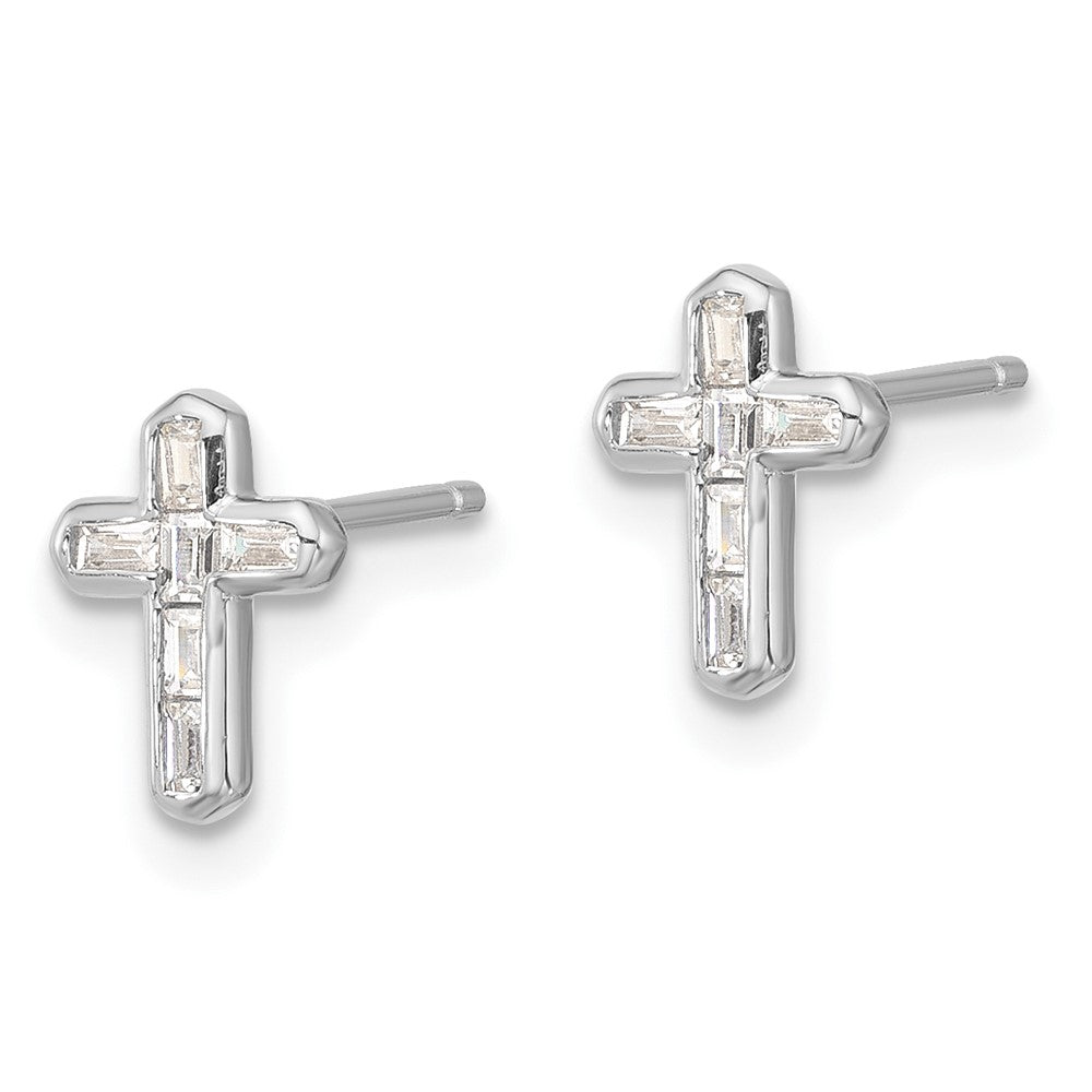 QE17682 Sterling Silver Rhodium-plated Polished CZ Cross Post Earrings