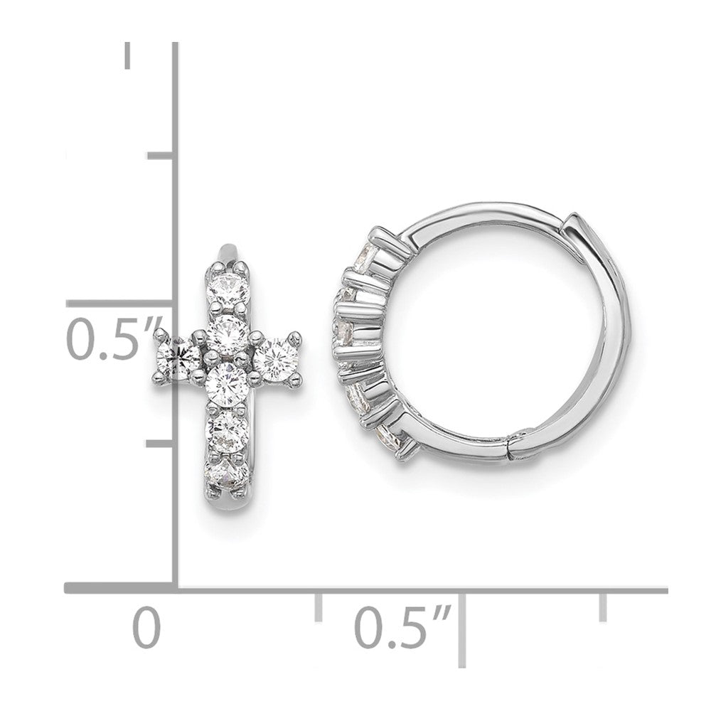 QE17683 Sterling Silver RH-plated Polished CZ Cross Hinged Round Hoop Earrings
