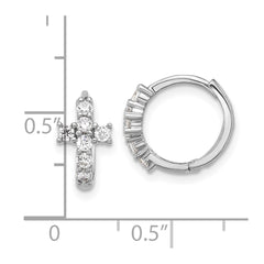QE17683 Sterling Silver RH-plated Polished CZ Cross Hinged Round Hoop Earrings