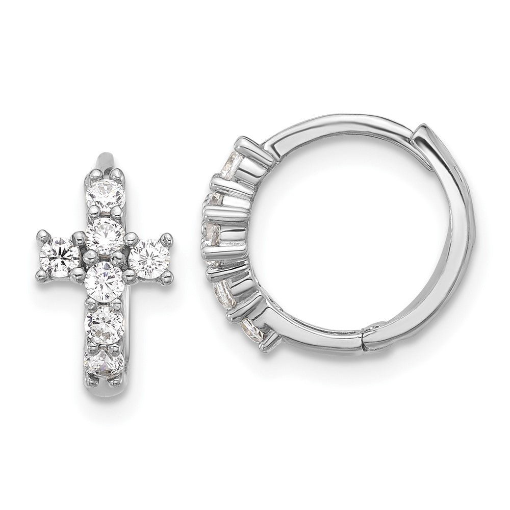 QE17683 Sterling Silver RH-plated Polished CZ Cross Hinged Round Hoop Earrings