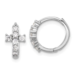 QE17683 Sterling Silver RH-plated Polished CZ Cross Hinged Round Hoop Earrings