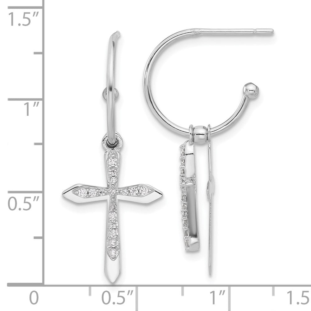QE17687 Sterling Silver Polished CZ Cross Dangle Post C-Hoop Earrings