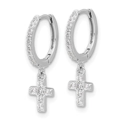QE17688 Sterling Silver RH-plated Polished CZ Cross Dangle Round Hoop Earrings