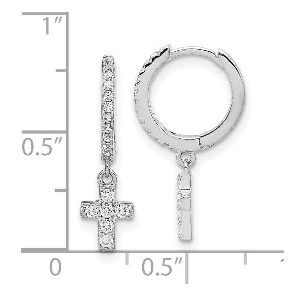 QE17688 Sterling Silver RH-plated Polished CZ Cross Dangle Round Hoop Earrings