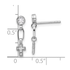 QE17692 Sterling Silver RH-plated Polished & Textured CZ Cross Post Dangle Earrings