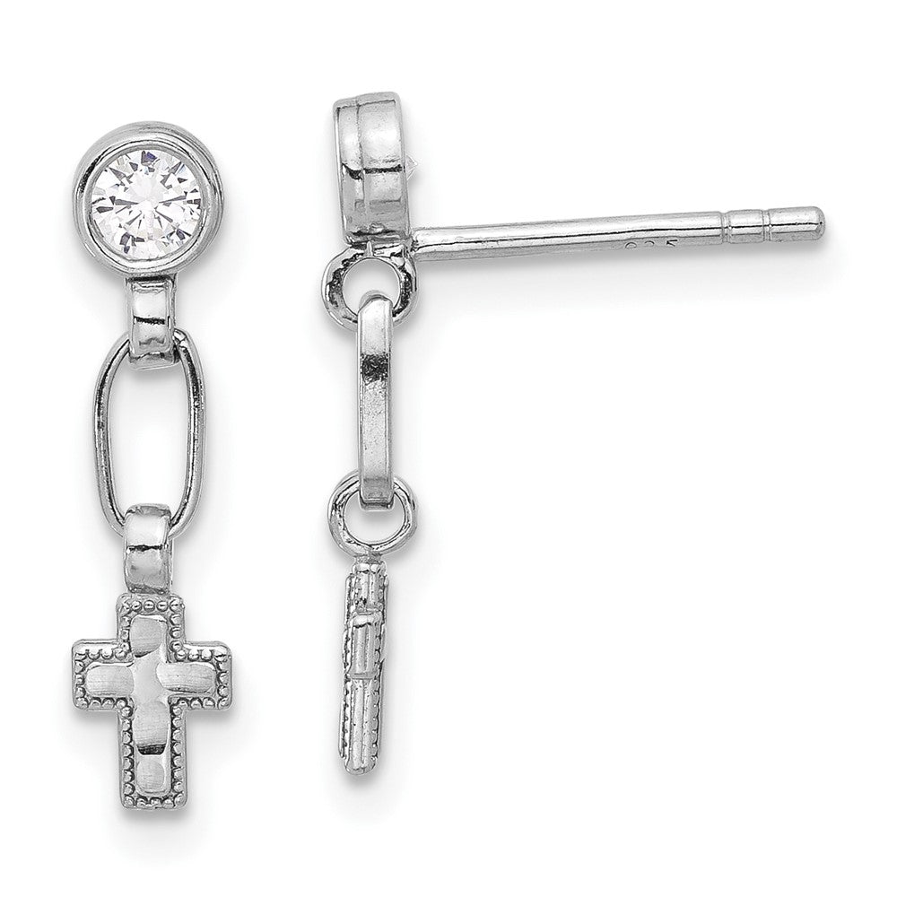 QE17692 Sterling Silver RH-plated Polished & Textured CZ Cross Post Dangle Earrings