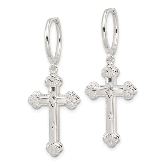 QE17695 Sterling Silver E-Coating Polished Dangle Cross Round Hoop Earrings