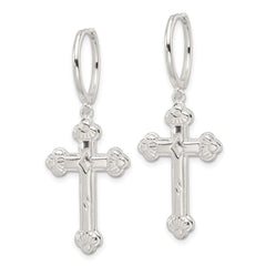QE17695 Sterling Silver E-Coating Polished Dangle Cross Round Hoop Earrings