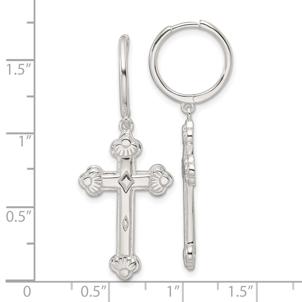 QE17695 Sterling Silver E-Coating Polished Dangle Cross Round Hoop Earrings