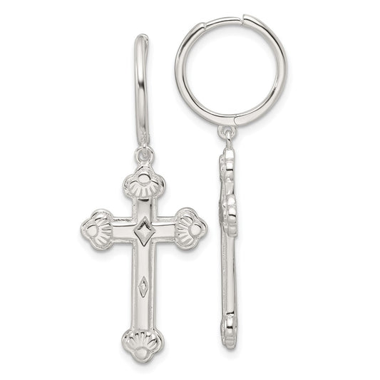 QE17695 Sterling Silver E-Coating Polished Dangle Cross Round Hoop Earrings