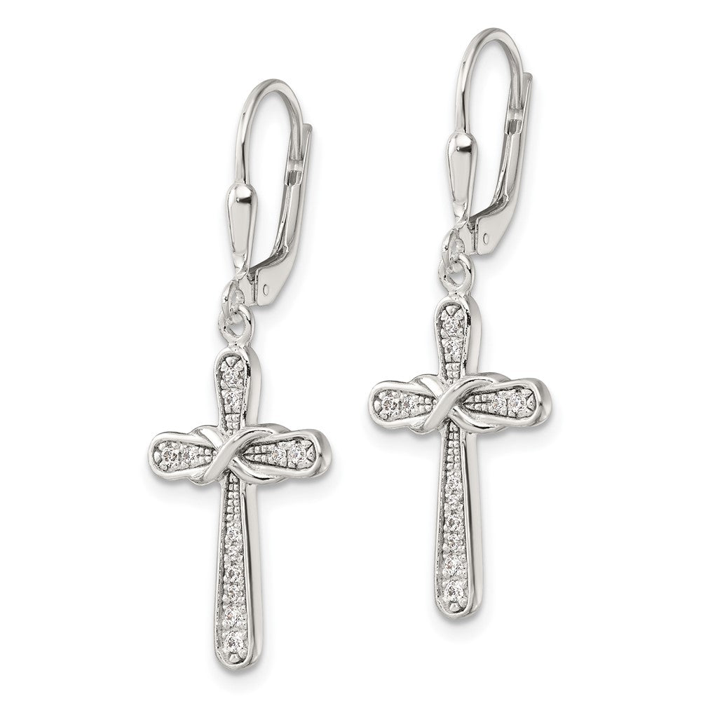 QE17696 Sterling Silver Polished CZ Infinity Cross Leverback Dangle Earrings