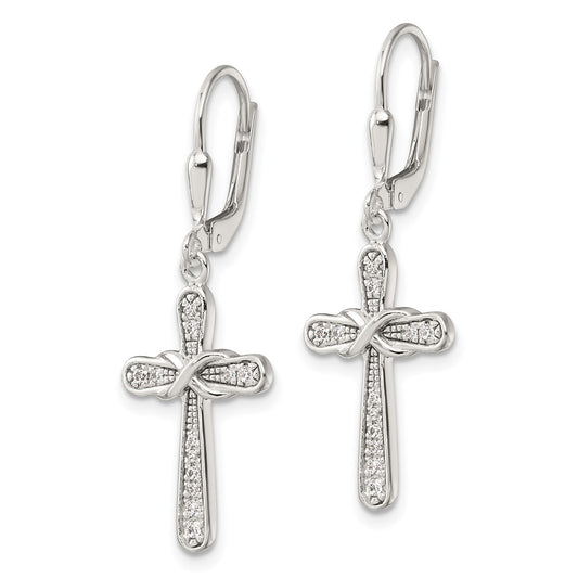 QE17696 Sterling Silver Polished CZ Infinity Cross Leverback Dangle Earrings