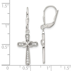 QE17696 Sterling Silver Polished CZ Infinity Cross Leverback Dangle Earrings
