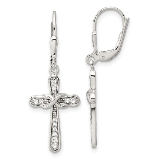 QE17696 Sterling Silver Polished CZ Infinity Cross Leverback Dangle Earrings