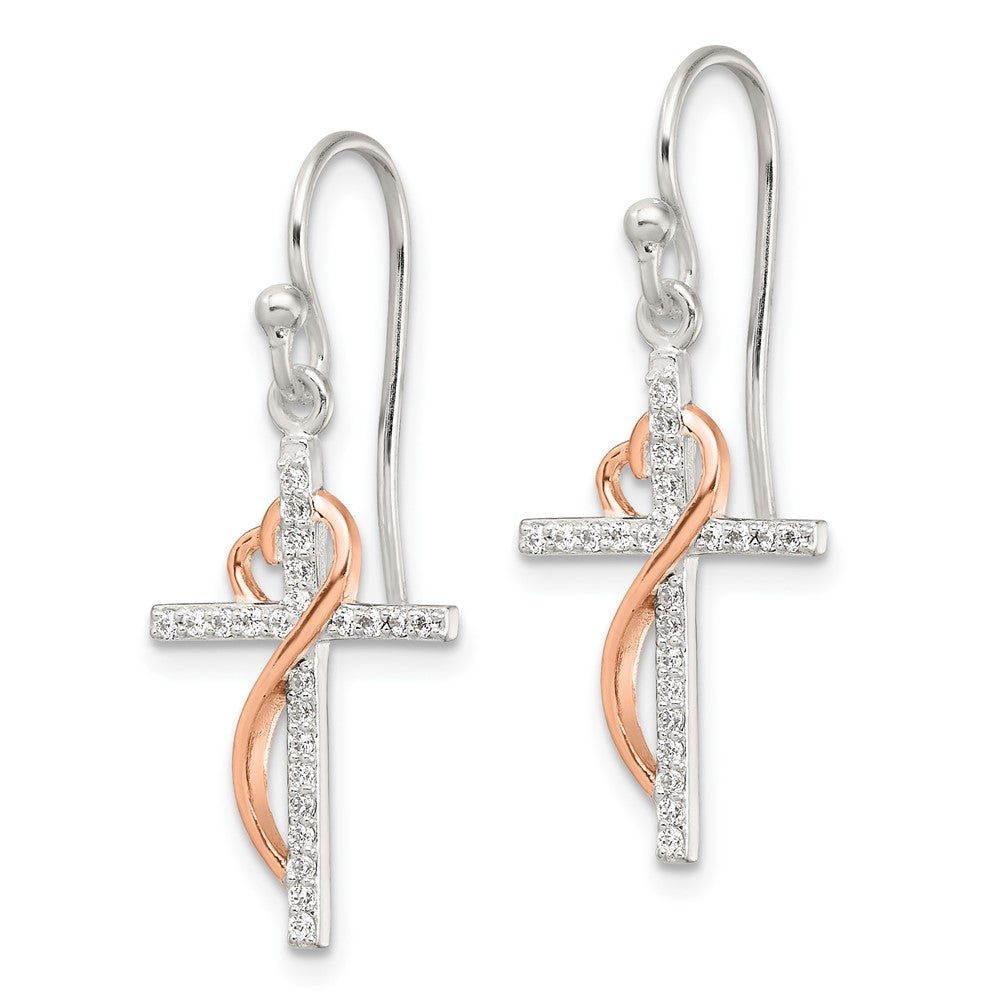 QE17697 Sterling Silver & Rose-tone Polished CZ Heart Cross Dangle Earrings