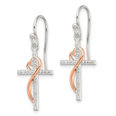QE17697 Sterling Silver & Rose-tone Polished CZ Heart Cross Dangle Earrings