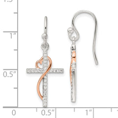 QE17697 Sterling Silver & Rose-tone Polished CZ Heart Cross Dangle Earrings