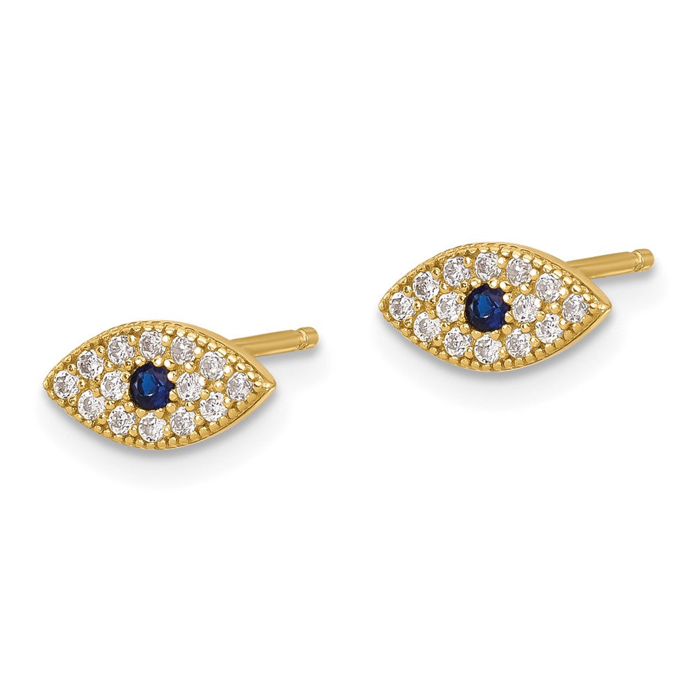 QE17699 Sterling Silver Gold-tone CZ & Synthetic Blue Spinel Evil Eye Post Earrings