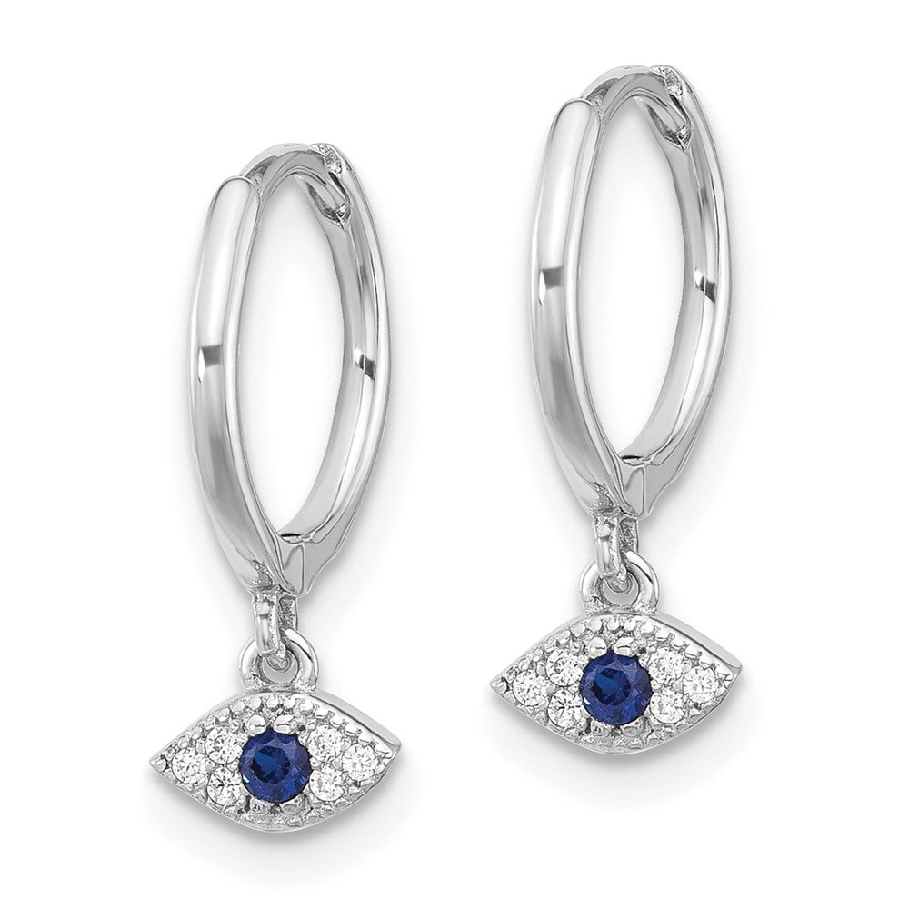 QE17701 Sterling Silver RH-plated Blue & White CZ Evil Eye Dangle Hoop Earrings