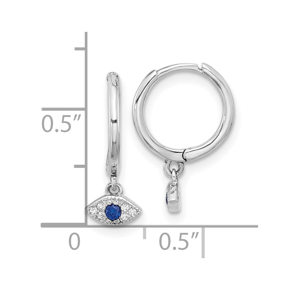 QE17701 Sterling Silver RH-plated Blue & White CZ Evil Eye Dangle Hoop Earrings