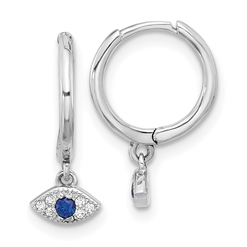 QE17701 Sterling Silver RH-plated Blue & White CZ Evil Eye Dangle Hoop Earrings