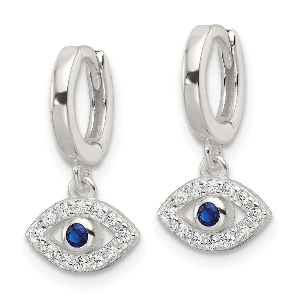 QE17702 Sterling Silver E-Coating Blue & White CZ Evil Eye Dangle Hoop Earrings