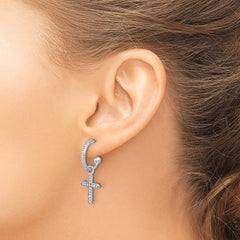 QE17711 Sterling Silver Polished CZ Dangle Cross Post C-Hoop Earrings