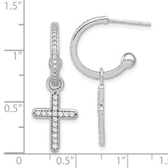 QE17711 Sterling Silver Polished CZ Dangle Cross Post C-Hoop Earrings