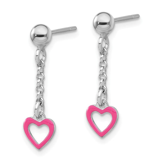 QE17715 Sterling Silver Madi K Polished Pink Enameled Heart Children's Post Dangle Earrings