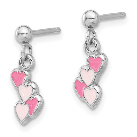 QE17716 Sterling Silver Rhodium-plated Pink Enameled Hearts Children's Post Dangle Earrings