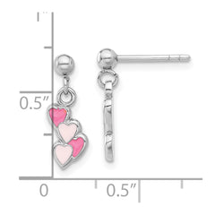 QE17716 Sterling Silver Rhodium-plated Pink Enameled Hearts Children's Post Dangle Earrings