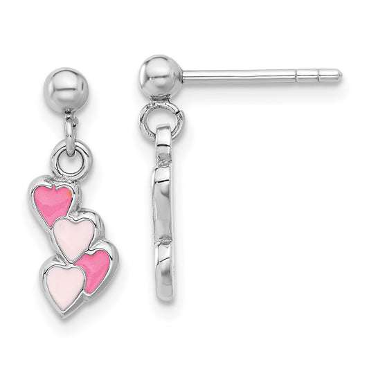 QE17716 Sterling Silver Rhodium-plated Pink Enameled Hearts Children's Post Dangle Earrings