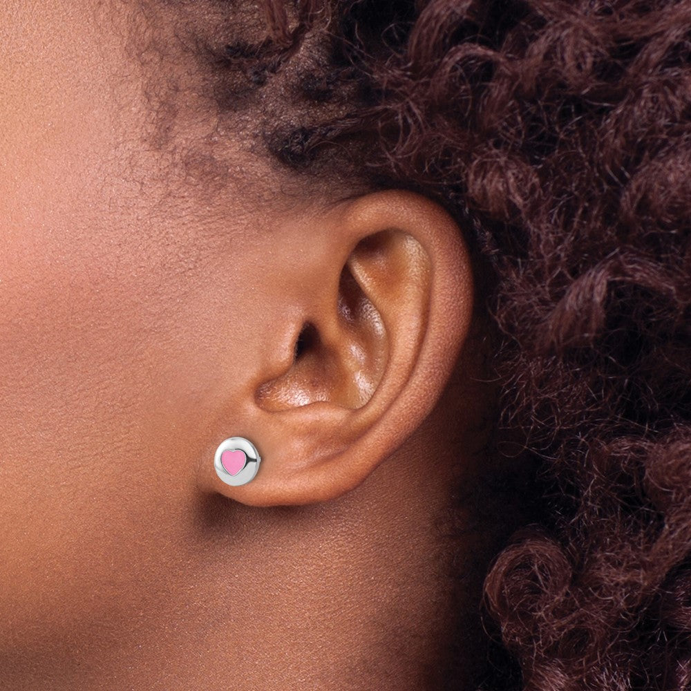 QE17717 Sterling Silver Rhodium-plated Pink Enameled Heart Circle Children's Post Earrings