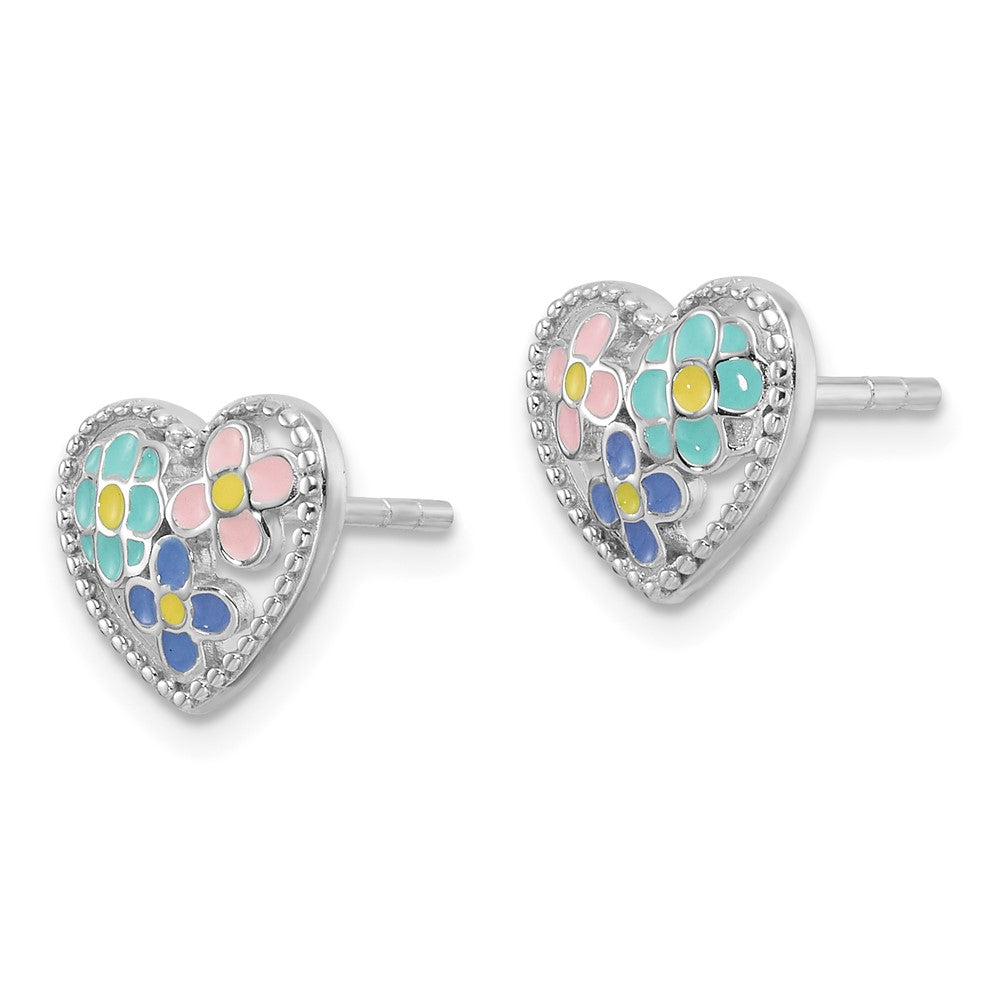 QE17718 Sterling Silver Rhodium-plated Polished & Beaded Multi-color Enameled Floral Heart Children's Post Earrings