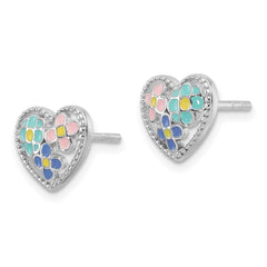 QE17718 Sterling Silver Rhodium-plated Polished & Beaded Multi-color Enameled Floral Heart Children's Post Earrings