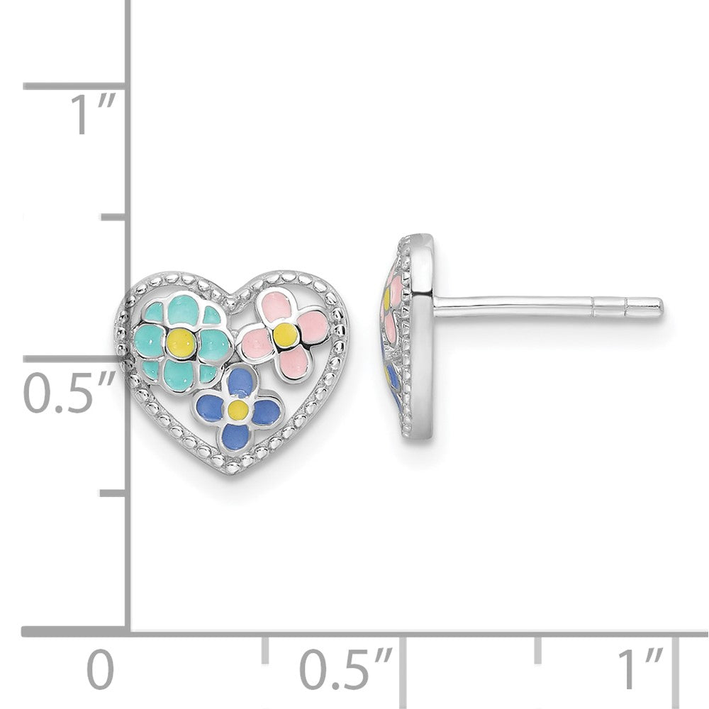 QE17718 Sterling Silver Rhodium-plated Polished & Beaded Multi-color Enameled Floral Heart Children's Post Earrings