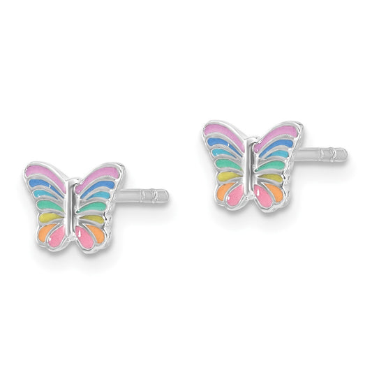 QE17720 Sterling Silver RH-plated Rainbow Enamel Butterfly Children's Post Earrings