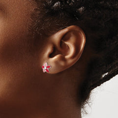 QE17723 Sterling Silver RH-plated Pink Enamel & CZ Flower Children's Post Earrings