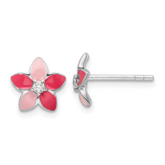 QE17723 Sterling Silver RH-plated Pink Enamel & CZ Flower Children's Post Earrings