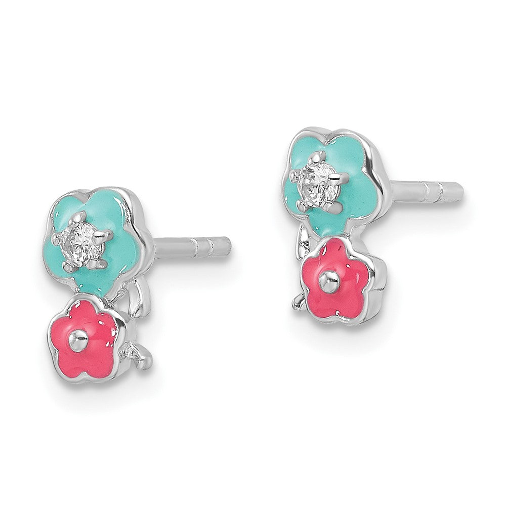 QE17724 Sterling Silver RH-plated CZ & Enamel Flowers Children's Post Earrings