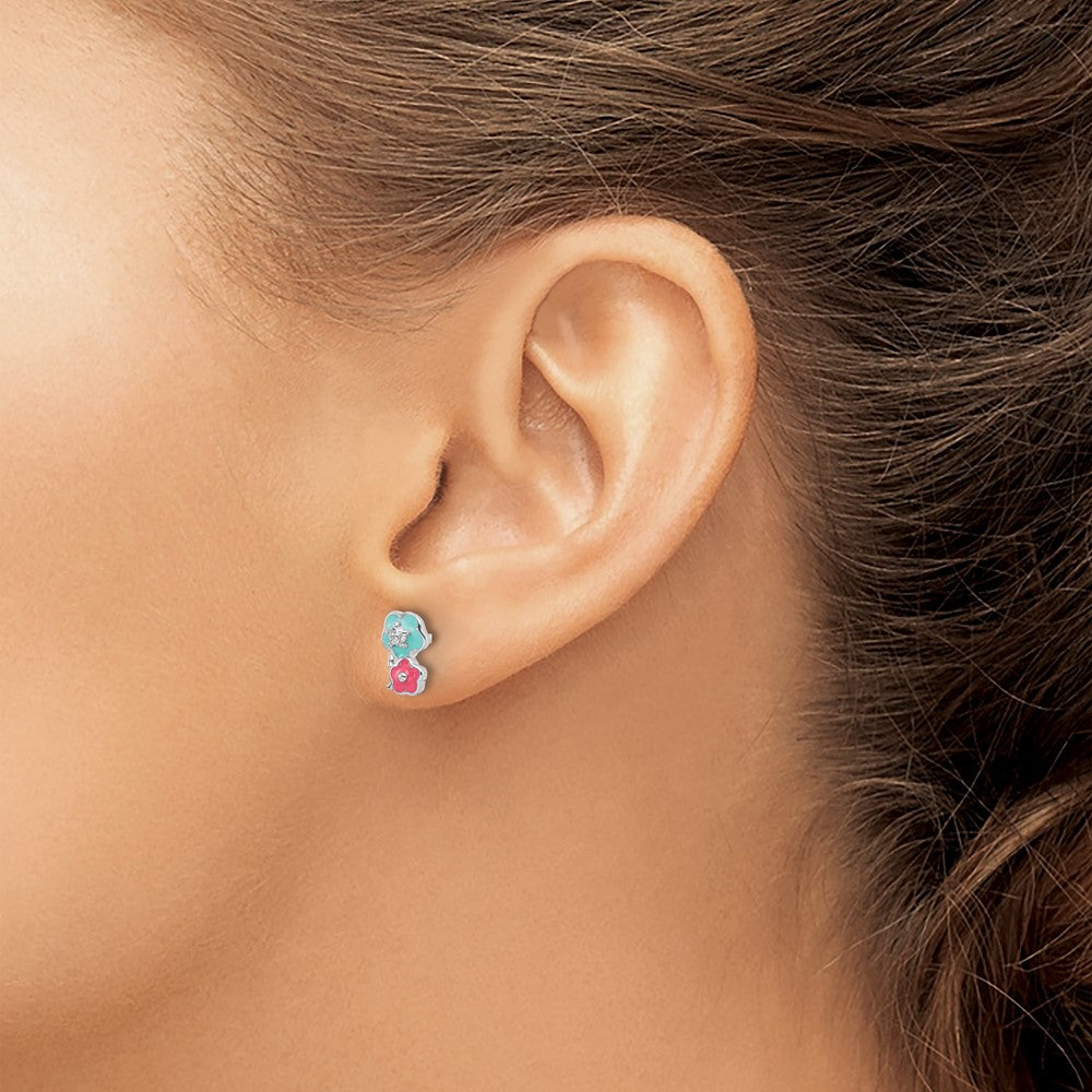 QE17724 Sterling Silver RH-plated CZ & Enamel Flowers Children's Post Earrings