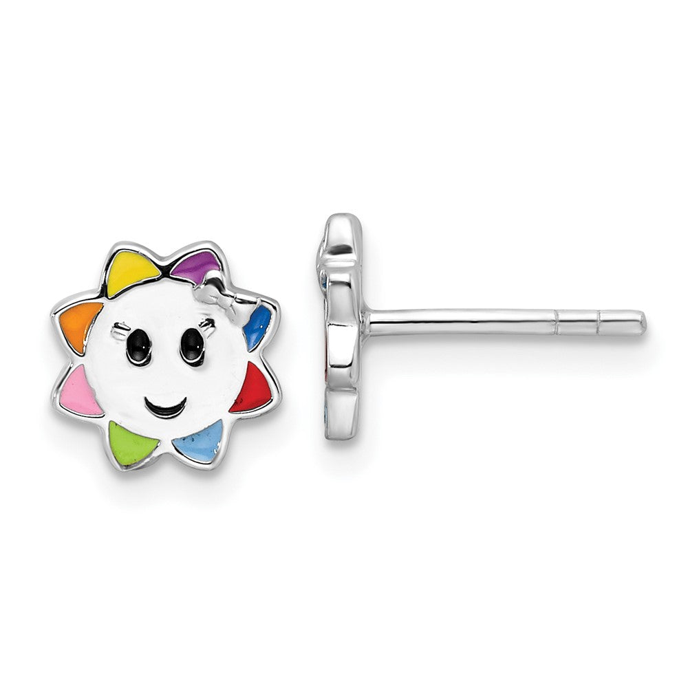 QE17725 Sterling Silver RH-plated Multicolor Enameled Sun Children's Post Earrings