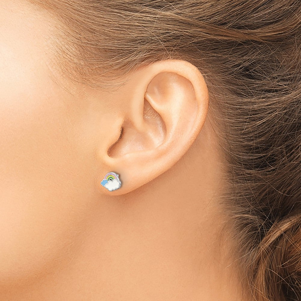 QE17726 Sterling Silver Rhodium-plated Multicolor Enameled Rainbow & Clouds Children's Post Earrings