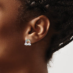 QE17728 Sterling Silver Rhodium-plated Polished Crystal Rainbow & Clouds Children's Post Earrings