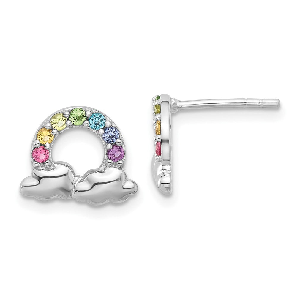 QE17728 Sterling Silver Rhodium-plated Polished Crystal Rainbow & Clouds Children's Post Earrings