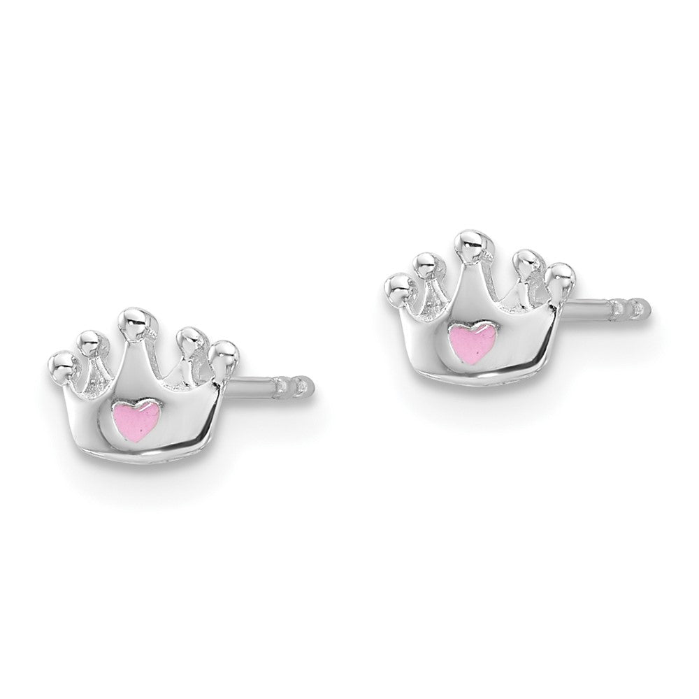 QE17730 Sterling Silver RH-plated Pink Enamel Heart Crown Children's Post Earrings