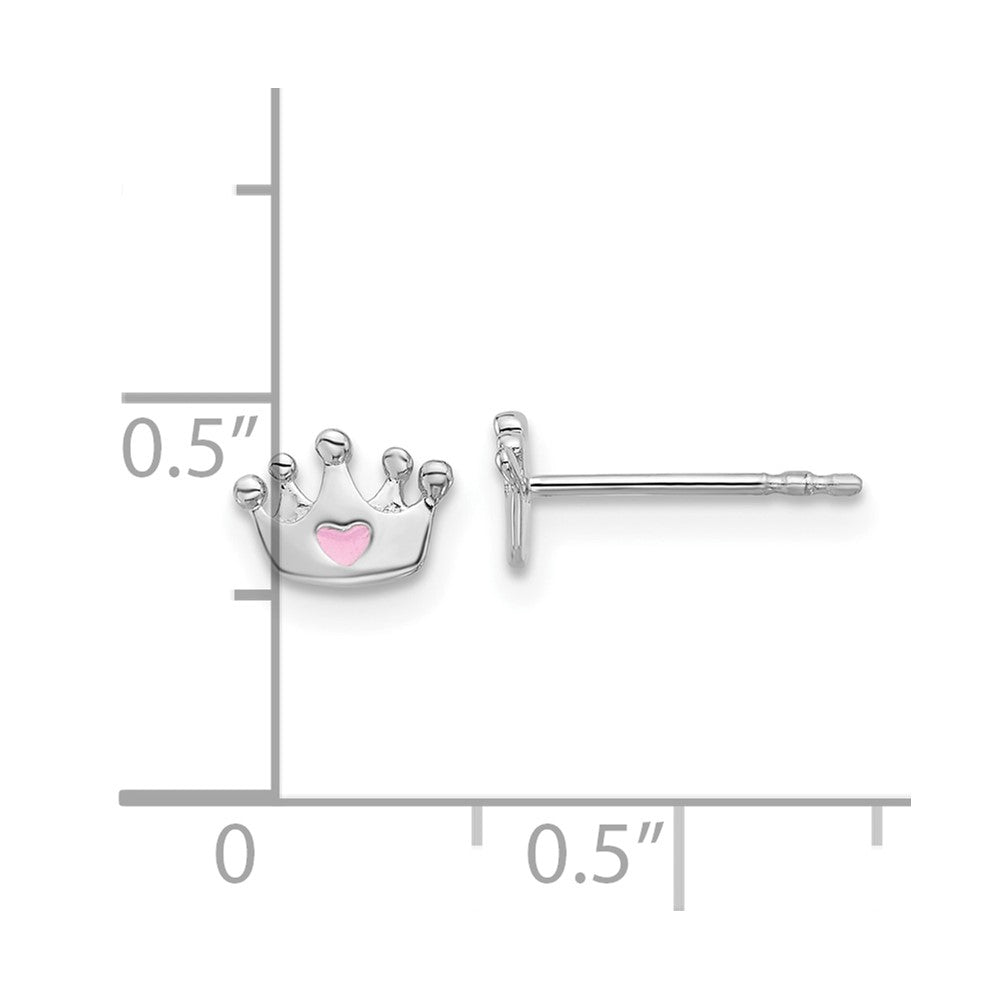 QE17730 Sterling Silver RH-plated Pink Enamel Heart Crown Children's Post Earrings