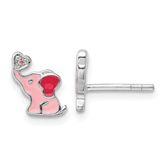 QE17731 Sterling Silver RH-pltd Pink Enamel & CZ Elephant Children's Post Earrings