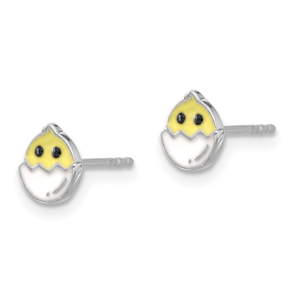 QE17732 Sterling Silver Rhodium-plated Enamel Chick in Egg Children's Post Earrings